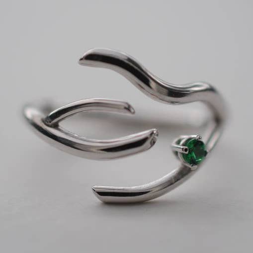 Branch Rhodium Thicker Roots Ring with Emerald for wholesale by LettersToSarah Metalsmithing