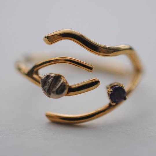 Branch Yellow Gold Roots Ring with Amythest and Gold Accent for wholesale by LettersToSarah Metalsmithing