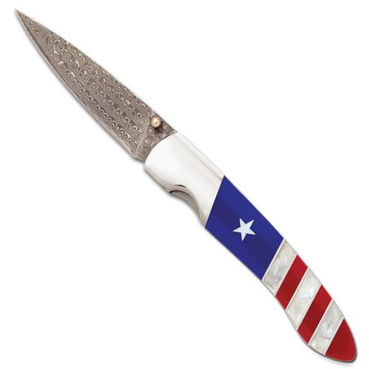 Patriotic Damascus 4" Linerlock Knife - Single for wholesale by Santa Fe Stoneworks