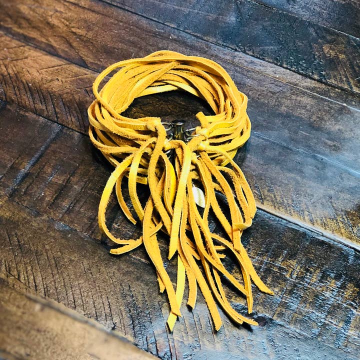 Leather Biker Cuff - Gold, Multi-Strand Fringe Bracelet for wholesale by ASTALI