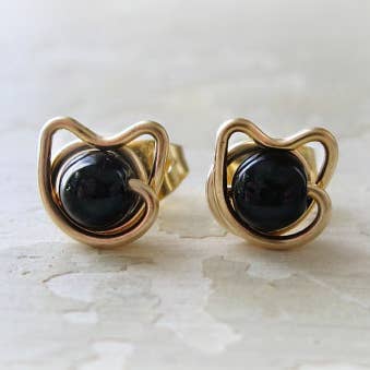 Tiny Black Onyx + Gold Cat Stud Earrings for wholesale by Contempo Jewelry