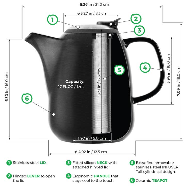 TEALYRA / LUXBE - Wholesale Tea Pot - Daze Black Large Ceramic Teapot With Infuser 47 oz