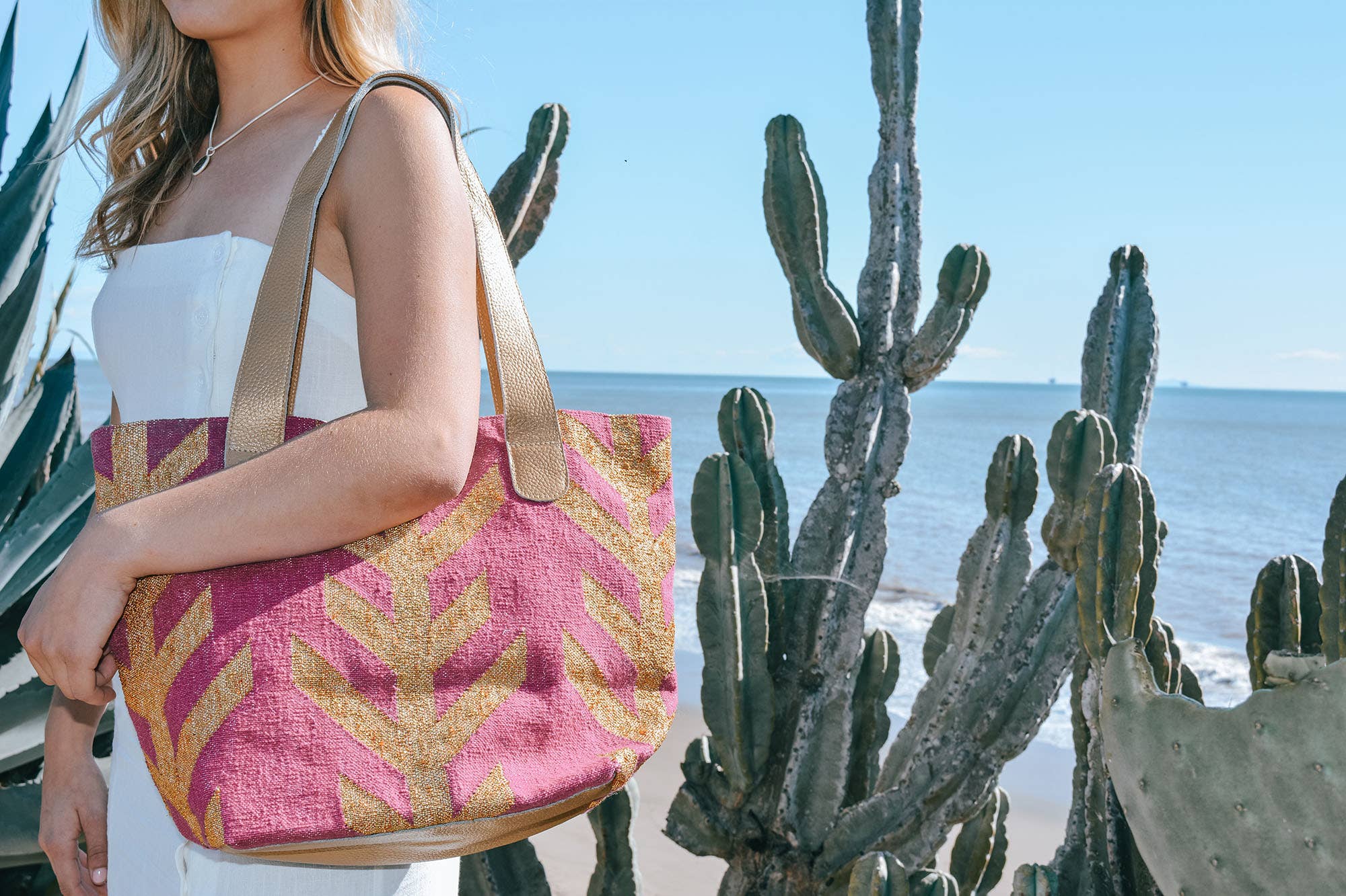 Viajera Designs - Wholesale Tote Bag - Women's - Magenta Gold Tree Leather Bottom Weekender Tote1