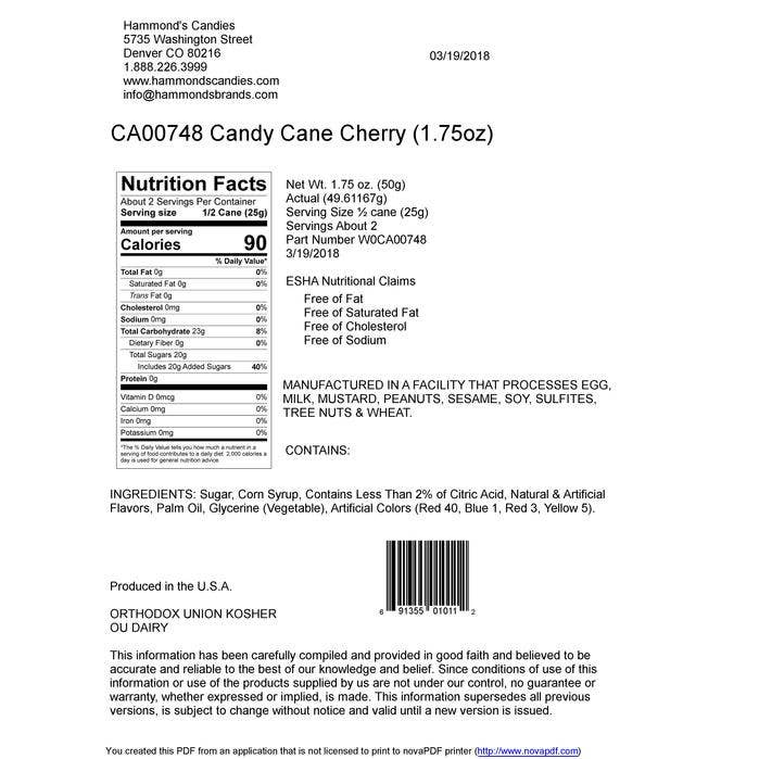 Hammond's Candies - Wholesale Candy Cane - Hand-Spun Jumbo Candy Cane - Cherry - 1.75 oz1