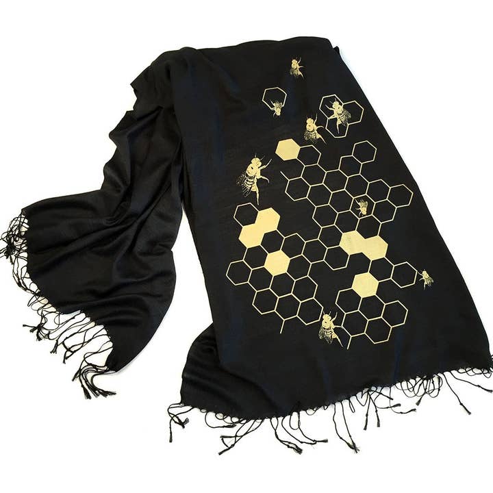 Cyberoptix Tie Lab - Wholesale Scarf - Women's - Honey Bee Scarf. Beehive Linen-Weave Pashmina