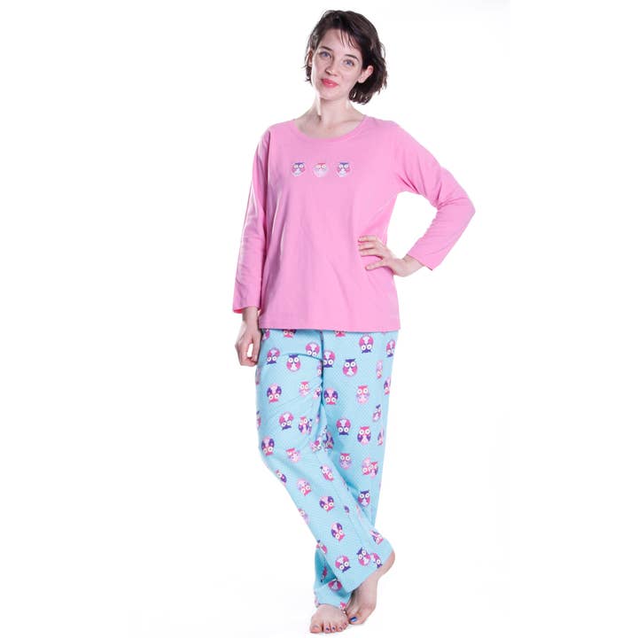 Flannel Owl Print Pajama Mixed 2pc Set for wholesale by La Cera