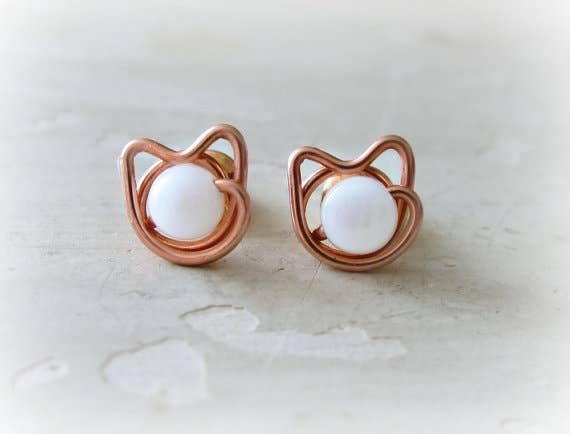 Contempo Jewelry - Wholesale Stud/Post Earrings - Tiny Mother of Pearl + Copper Cat Stud Earrings1