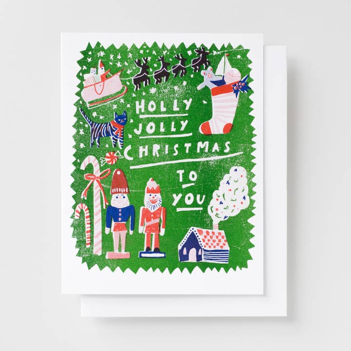 Holly Jolly Xmas Risograph Card for wholesale by Yellow Owl Workshop