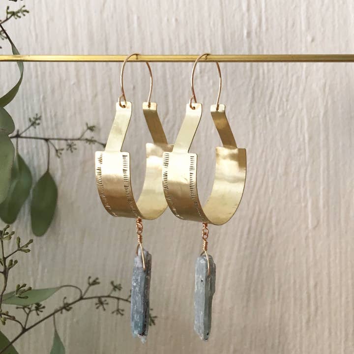 Stamped Brass Hoops w/ Raw Crystal Stone for wholesale by LUNASOL