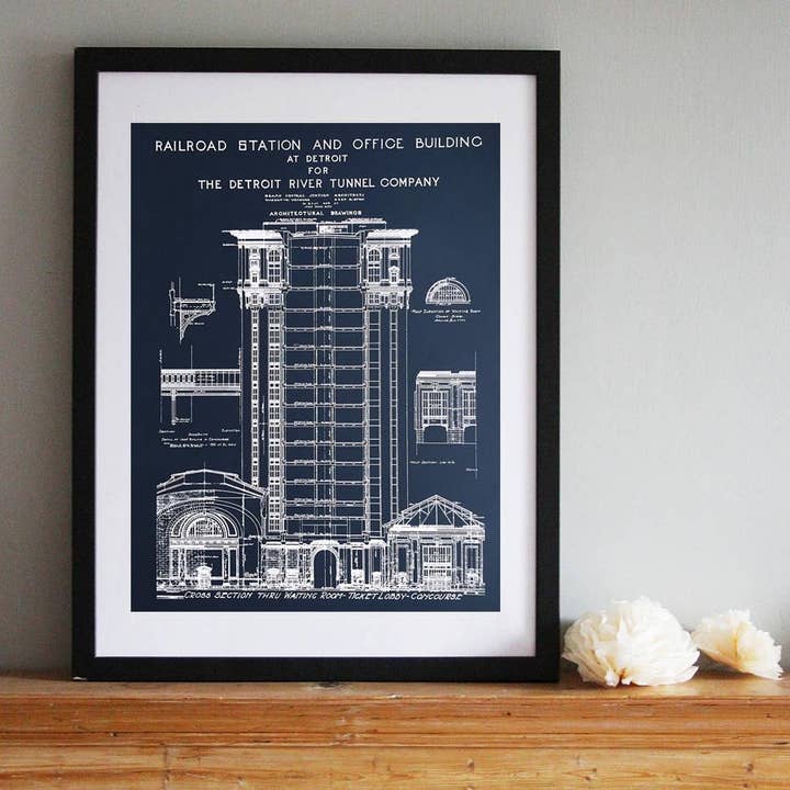 Blueprint Art Print, Detroit Train Station for wholesale by Cyberoptix Tie Lab