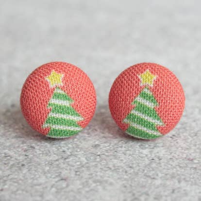 O Christmas Tree Fabric Button Earrings for wholesale by Rachel O's