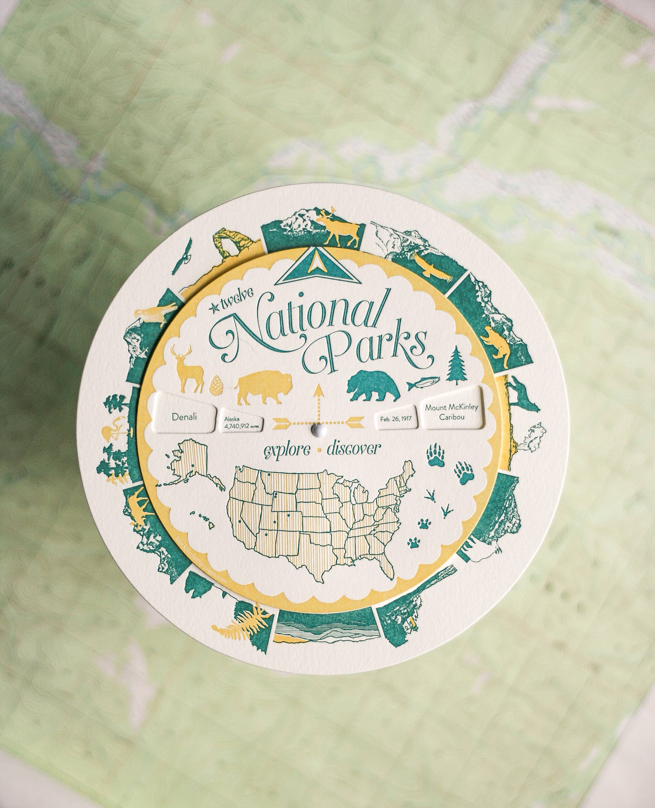 Blackbird Letterpress - Wholesale Stationery/Notecard Set - National Parks spinner / volvelle2