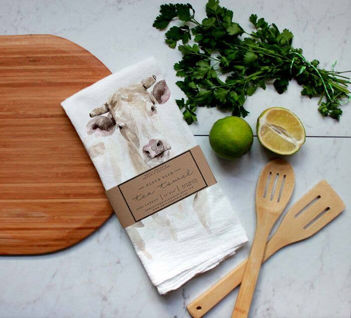 Meadowbrook Lane - Wholesale Tea Towel - Watercolor White Cow Steer Flour Sack Tea Towel1