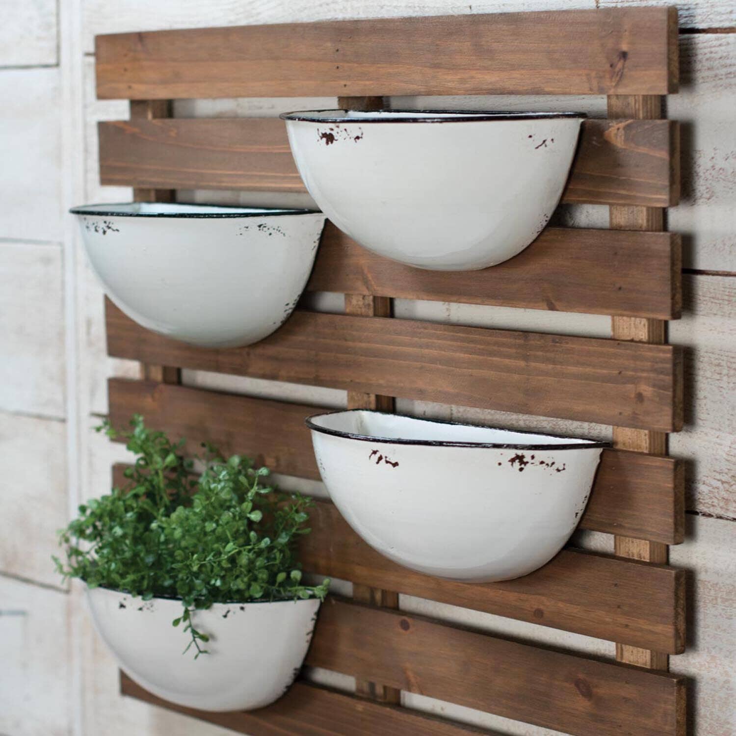 Foreside Home & Garden - Wholesale Wall Planter - Rustic Slat Wood Wall Planter with Four Distressed Pots2