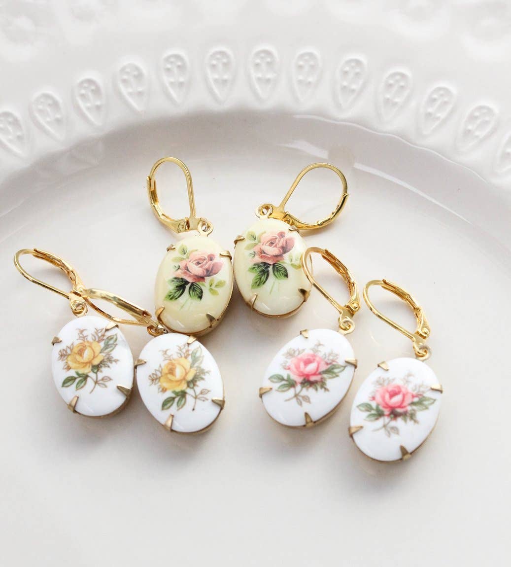 A Pocket of Posies - Wholesale Dangle Earrings - Pink Rose Oval Cameo Earrings - Vintage Glass6