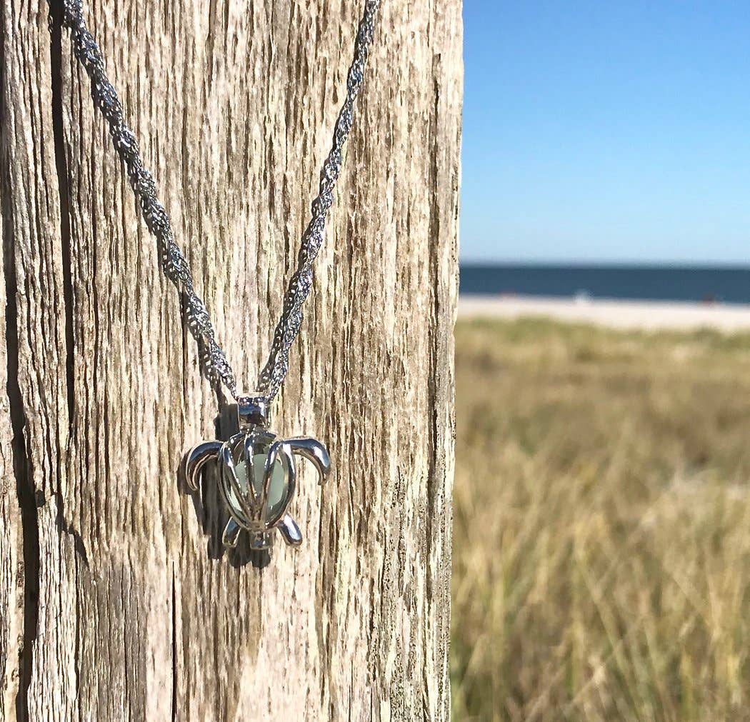 Wave of Life - Wholesale Pendant/Charm Necklace - Sea Glass Turtle Locket Necklace with Sea Glass (20 Inch Chain)2
